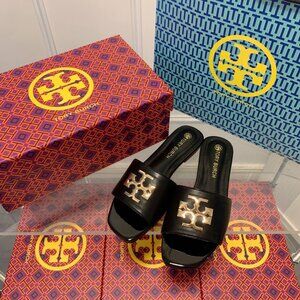 TORY BURCH Eleanor Slides Women's Square Toe Open Toe Flip Flops Black